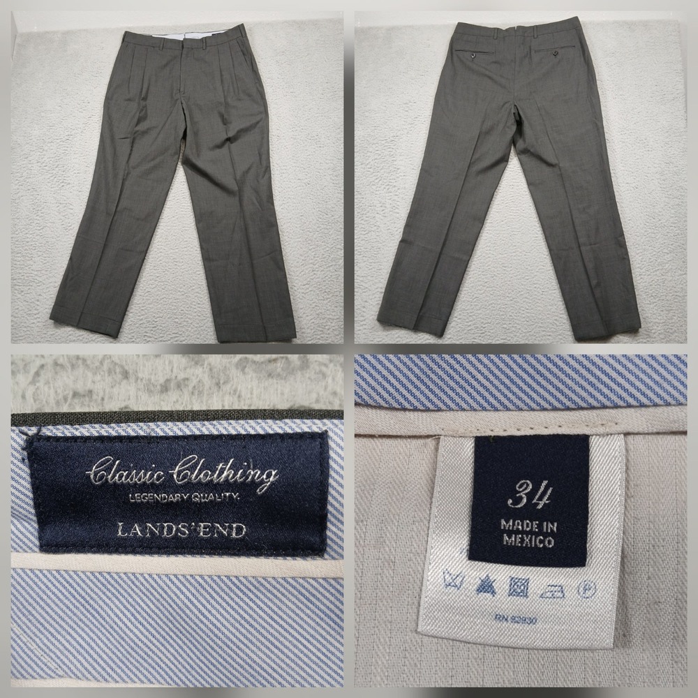 Lands' End Classic Wool Dress Pants Men's 34 Gray Slacks Pleated